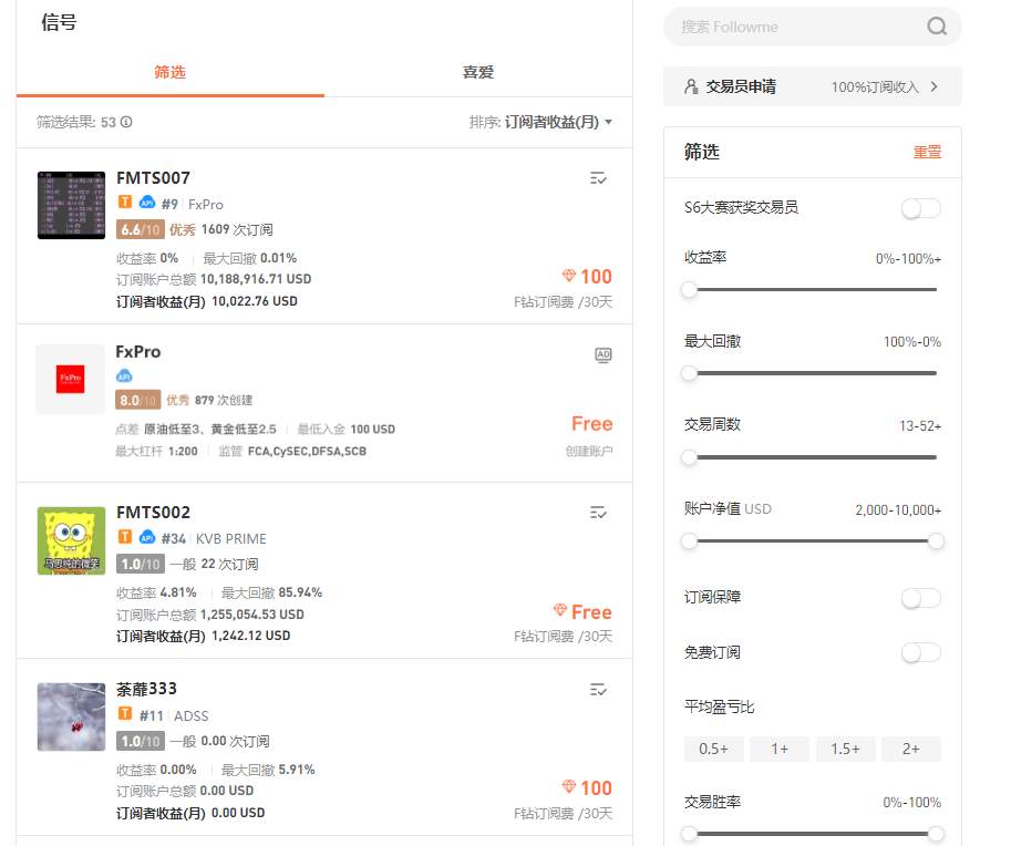 信号 版块 交易员 交易 订单 筛选