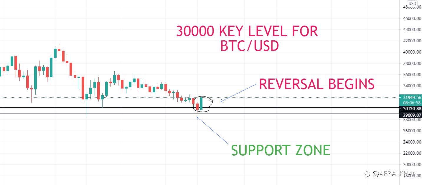 BTC/USD , Near 30k level , A key level for reversal to bullish move , Historical data says its key level from where BTC/USD has reversed to bullish many times.