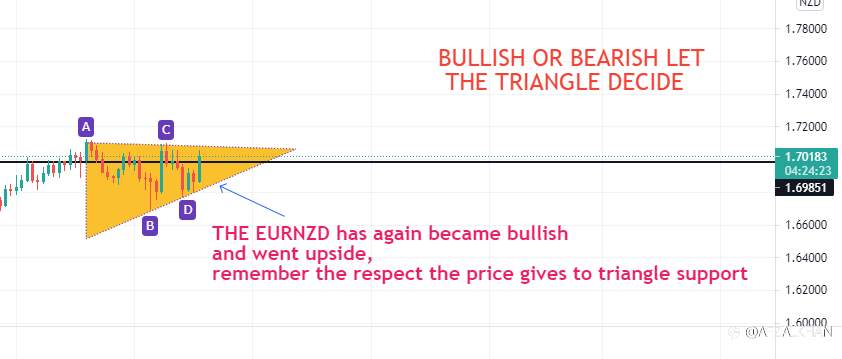 The EUR/NZD , See the respect price gives to triangle support zone BD. Read complete because it contains most important lesson in fx.