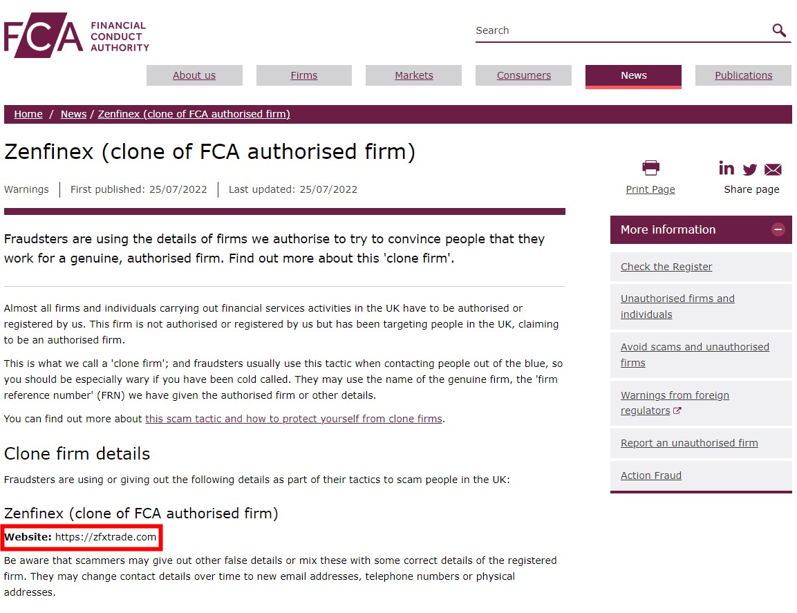 Clone Firm! The UK FCA Warns a Clone of Zenfinex